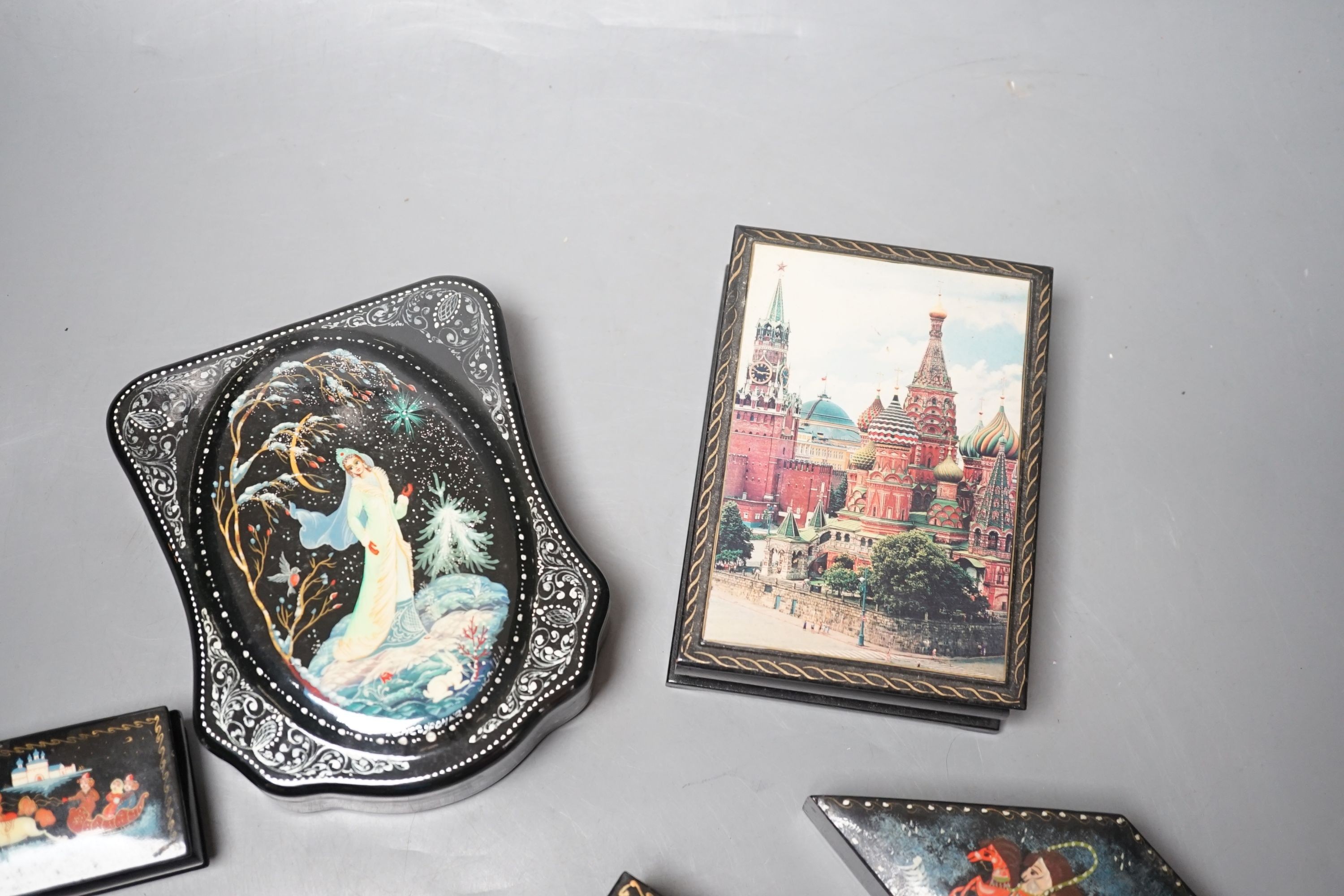 Eight Russian lacquer boxes, some painted and some with printed decoration